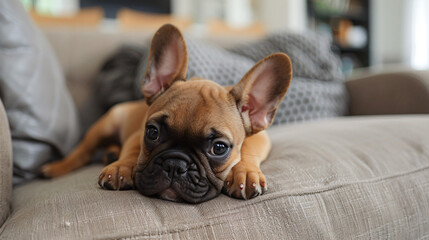 French bulldog puppy on couch at home