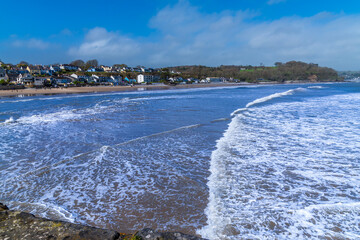 A view from the harbour of the tide turning in the village of Saundersfoot, Wales on a bright...