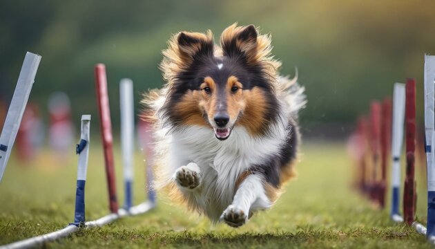 Num campo aberto, um Pastoreio de Shetland corre graciosamente entre os obst&aacute;culos de um curso de agility, sua agilidade e entusiasmo tornando-o um competidor formid&aacute;vel. 