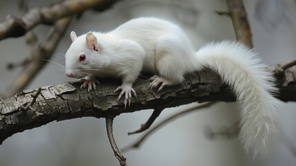 Close up portrait of an albino squirrel sitting on a tree branch in the forest, dull and dark mood - 786368204