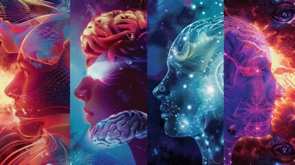 Conceptual image of four people in deep conversation, their heads facing each other with brains visible, symbolizing connection and intellectual exchange