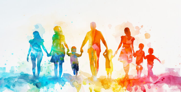 Watercolor illustrtation drawing of a family holding hands with children in their arms, colorful on white background, family day concept