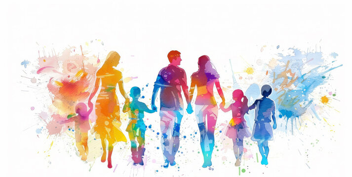 Watercolor illustrtation drawing of a family holding hands with children in their arms, colorful on white background, family day concept