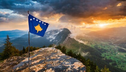 The Flag of Kosovo On The Mountain.