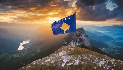 The Flag of Kosovo On The Mountain. - obrazy, fototapety, plakaty