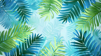 Fototapeta na wymiar Watercolor Drawing of Palm frond or fern tropical Leaves Background