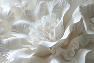 Sculpted white paper creates a floral masterpiece, swirling into a beautiful display perfect for luxury and romance themes.