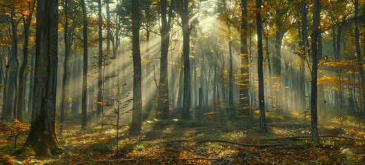 Serene Autumn Forest Bathed in Morning Sunlight, Perfect for Capturing the Peaceful and Tranquil Aspects of the Season