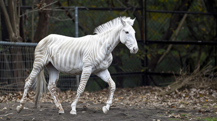Portrait of a domestic albino zebra pasturing in the yard - 786368635