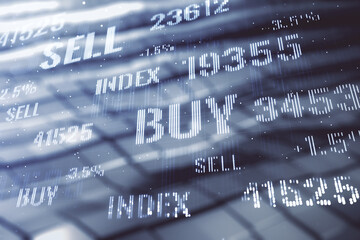 Obraz premium Multi exposure of virtual abstract financial graph interface on abstract metal background, financial and trading concept