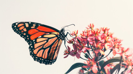 A monarch butterfly showcases its iconic orange and black wing pattern while perching on vibrant pink flowers. - obrazy, fototapety, plakaty