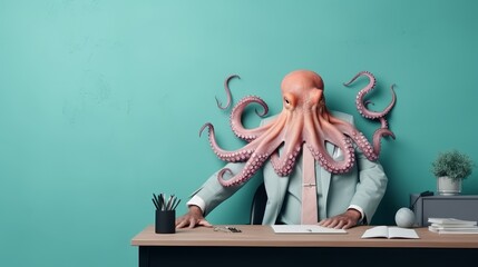 Anthropomorphic octopus in formal business attire pretending to work in corporate setting