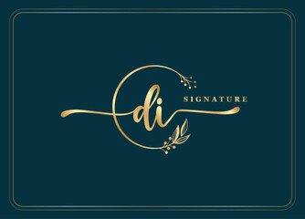 luxury gold signature initial DI logo design isolated leaf and flower