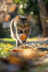 Very focused tabby cat chasing a ball in the park, dynamic action, front view, blurred background - 786369248