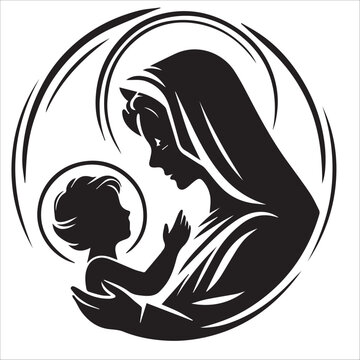 recommend clip art: a Virgin Mary holding a baby Jesus in black and white vector