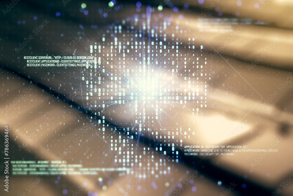 Poster abstract virtual code skull illustration on blurry abstract metal background. hacking and phishing c