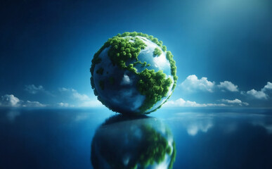 green planet earth on a reflective surface, earth day conceptual illustration
