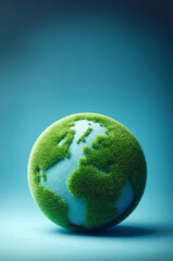 a green earth planet over a blue backdrop, world earth day concept, illustration with copy space 