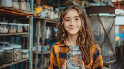 Young girl holding vintage storage jar in her hand. Street market, second hand old household objects for sale at flea market - obrazy, fototapety, plakaty