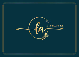 luxury gold signature initial LA logo design isolated leaf and flower