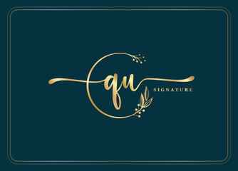 luxury gold signature initial QU logo design isolated leaf and flower