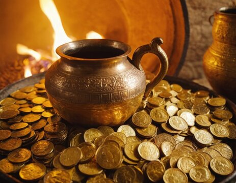 Golden Coins in Kalash Symbolizing Wealth and Prosperity, Treasure in a jug, Happy St patrick day. Big cauldron full of gold coin.
