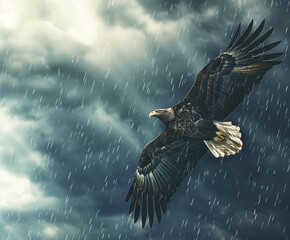 Eagle soaring through the sky, rainstorm background