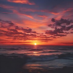 Fototapeta na wymiar Stunning sunset over an ocean horizon with orange and pink hues spreading across the sky