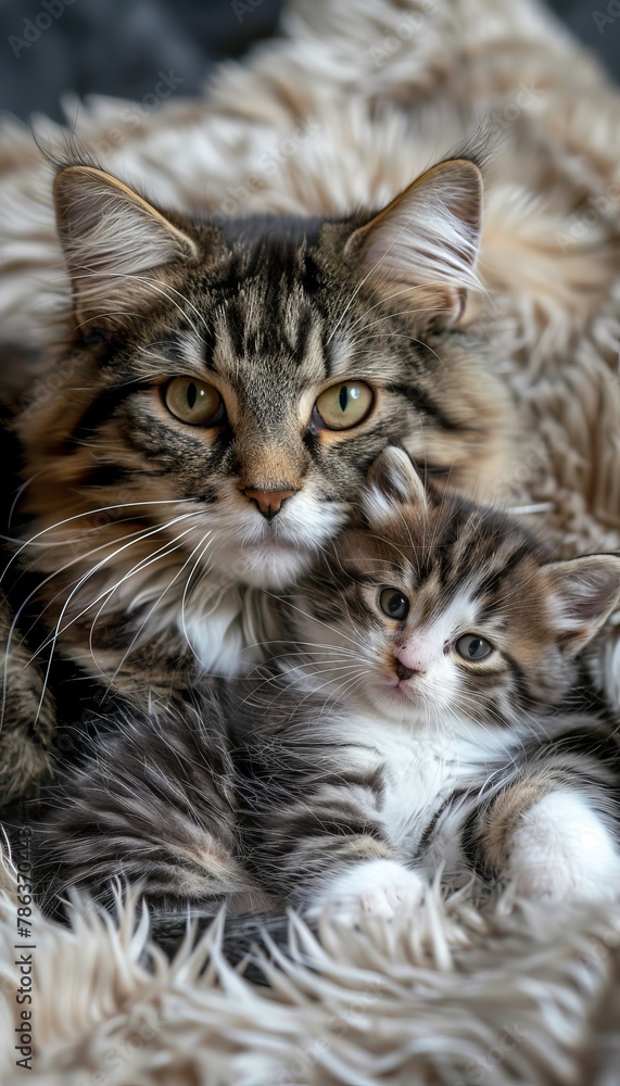 Poster male kodkod and kodkod kitten portrait with ample space on the left for text placement