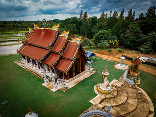 Chachoengsao, Thailand, 28 July 2023. Wat Nong Rua,An aerial view of a traditional Thai temple with...