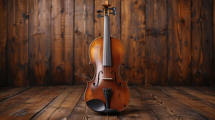 A classic violin stands upright on a wooden surface against a rustic wooden backdrop, showcasing its elegant design and craftsmanship. - obrazy, fototapety, plakaty