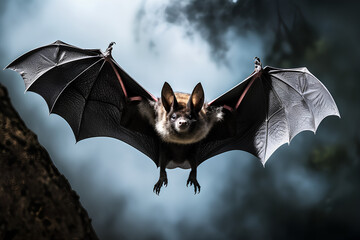a bat flying through the air with its wings spread out - obrazy, fototapety, plakaty