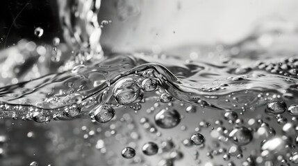 Close-up of water splashing, drops falling in water against a silver background with a blurred...