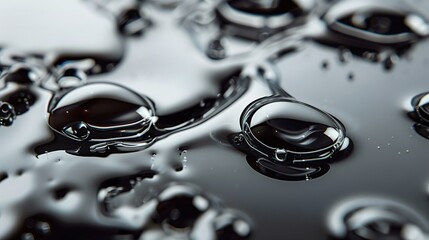 Close-up of water splashing bubbles on surface, drops falling in water against a silver background...