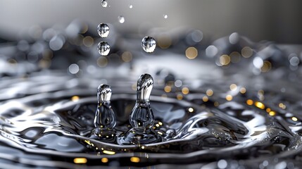 Drop and stream of oil or water falling into water, ripples in the background, close-up. Clear...