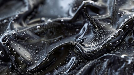 Water or oil drops on wrinkled black leather or alcantara or plastic surface, clear drops of oil or water, bokeh and smooth cold and warm lights - obrazy, fototapety, plakaty