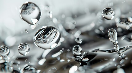 Close-up of water splashing, drops falling in water against a silver background with a blurred...