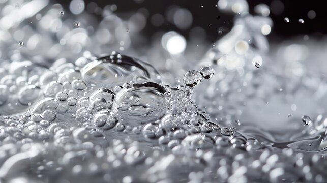 Close-up of water splashing, drops falling in water against a silver background with a blurred depth of field. Crystal clear water bubbles
