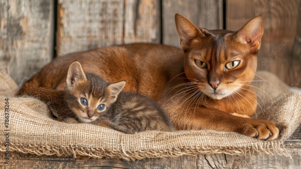 Poster bornean bay cat and kitten pose, empty space for text, object on side for a balanced composition