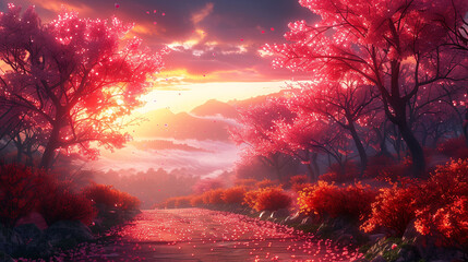 A vibrant digital artwork depicting a scenic path lined with glowing pink cherry blossom trees at sunset, with mountains in the background. - obrazy, fototapety, plakaty