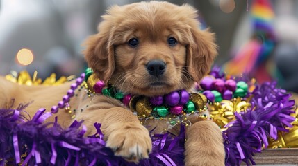 A golden retriever puppy adorned with Mardi Gras beads