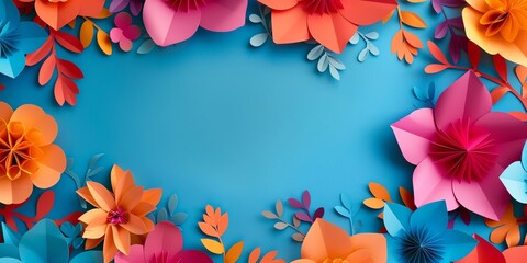 A paper art background flower, copy space in the middle, vibrant color palette for banner, dominant Blue color - obrazy, fototapety, plakaty