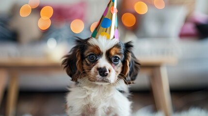 A puppy with a party hat on