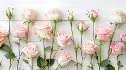 Abstract floral background. Blush pink roses on white wooden table. Various creamy pink roses flowers and buds layout on white background with copy space. Top view, flat lay - obrazy, fototapety, plakaty