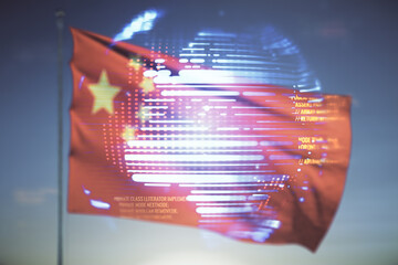 Multi exposure of abstract creative coding sketch and world map on flag of China and sunset sky...