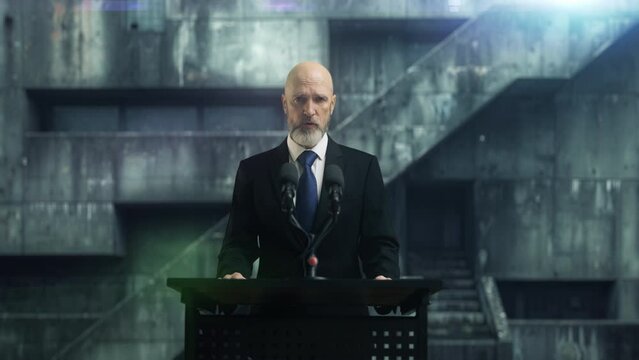 President of a dystopian state giving a speech at the podium, propaganda machine. Political speech and diplomacy
