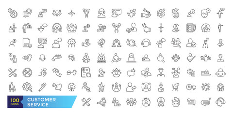 Customer service and support line icons set. Thin outline icons pack. Containing customer assistance, experience, feedback, operator and support icons.