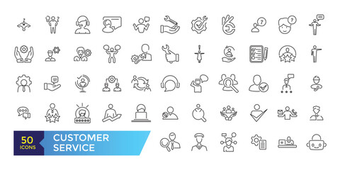 Customer service and support line icons set. Thin outline icons pack. Containing customer assistance, experience, feedback, operator and support icons.