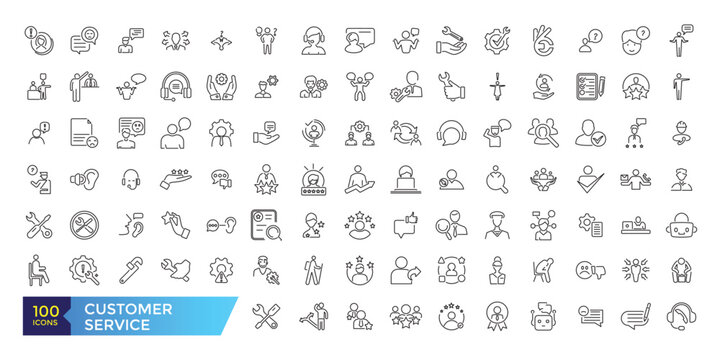 Customer service and support line icons set. Thin outline icons pack. Containing customer assistance, experience, feedback, operator and support icons.