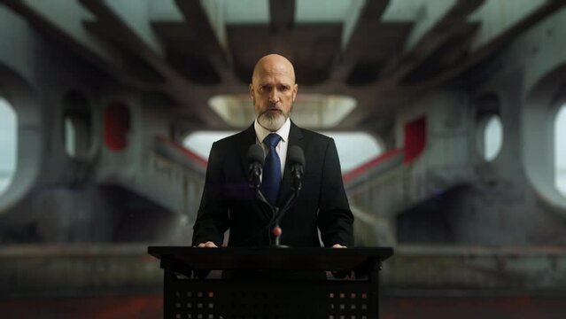 A president of a dystopian government gives a speech at podium, dictatorship. Political speech and diplomacy